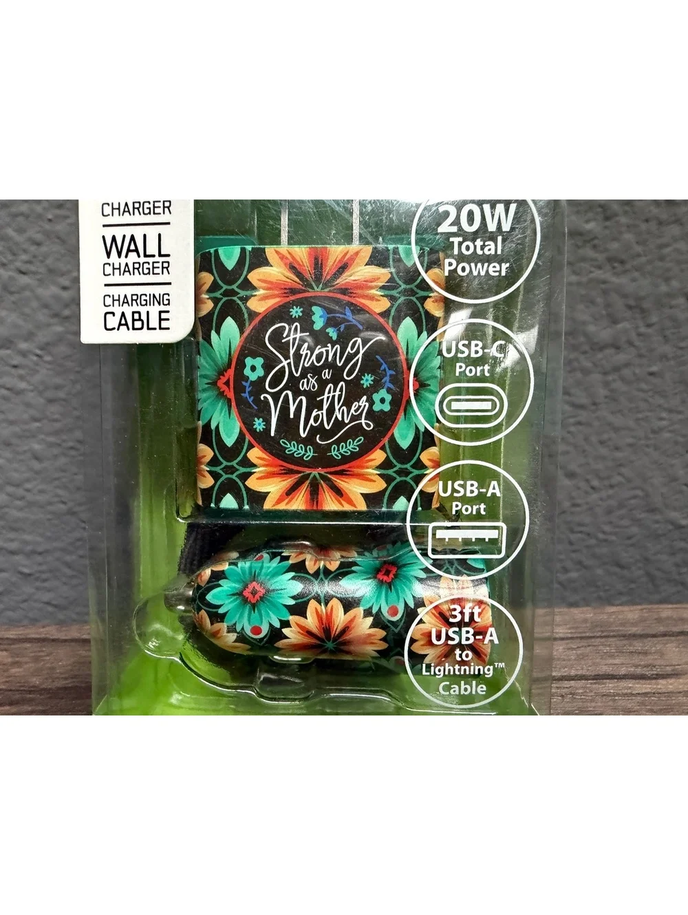 20W Car Wall Charger Set 3ft Apple device Cable & 3ft USB C Flat Cord Floral Set